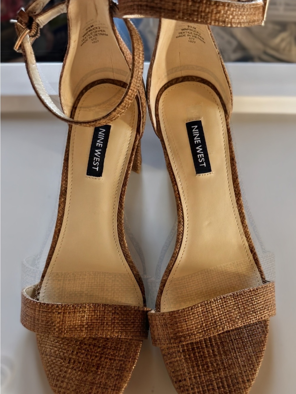 Nine West Tan Textured Ankle-Strap Heels with Open Toe